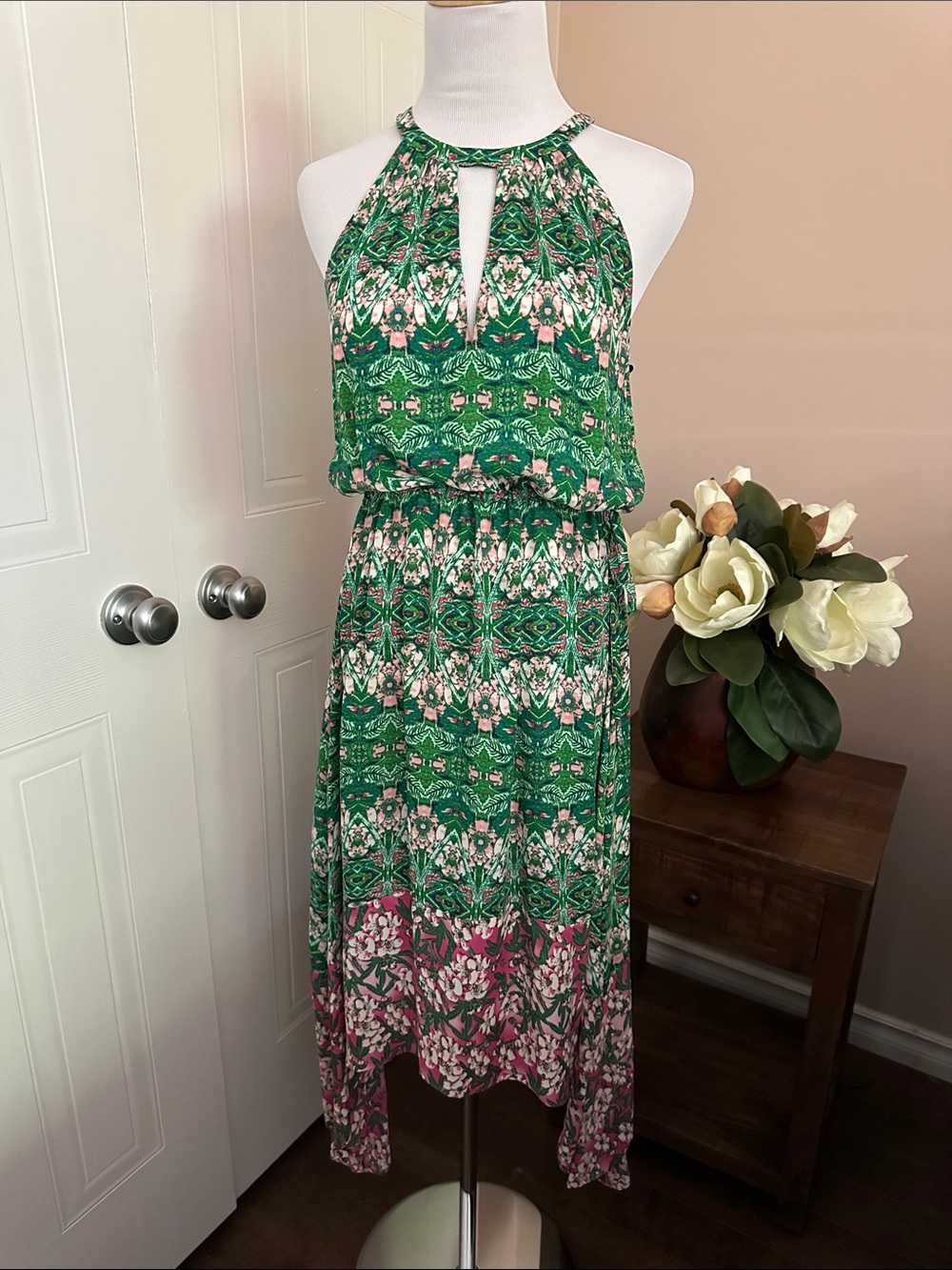 Green Halter Floral Midi Dress